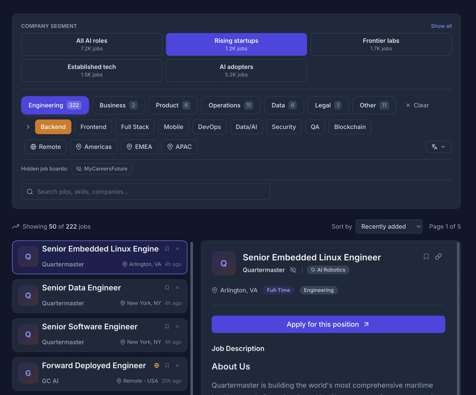 ClawJobs AI jobs page showing company segments, role filters, and selected job results