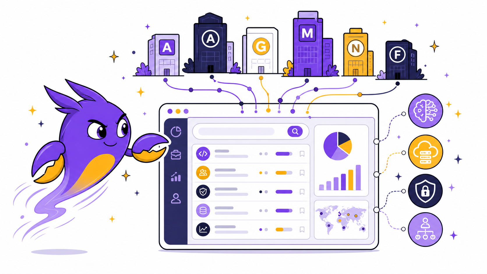 Illustration of a ClawJobs search dashboard collecting roles from technology companies